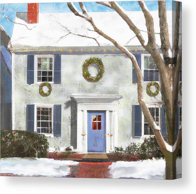 House Canvas Print featuring the digital art Home for the Holidays - House with Wreaths by Alison Frank