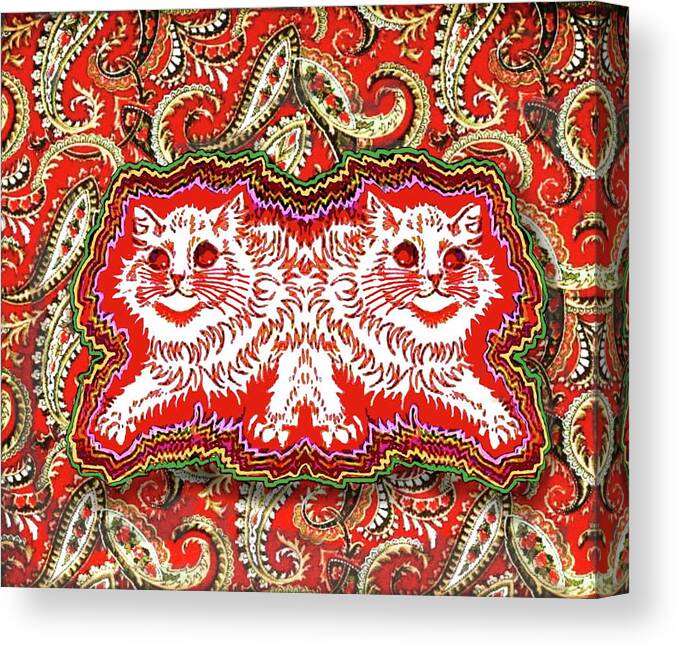 Louis Wain Psychedelic Red & Green Pet Cat Painting Fine Art Real Canvas  Print
