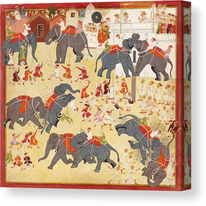 Anonymous Canvas Print featuring the painting Maharana Raj Singh observing an elephant fight by Anonymous