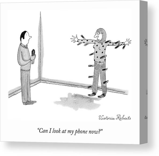 can I Look At My Phone Now? Knives Canvas Print featuring the drawing My Phone by Victoria Roberts