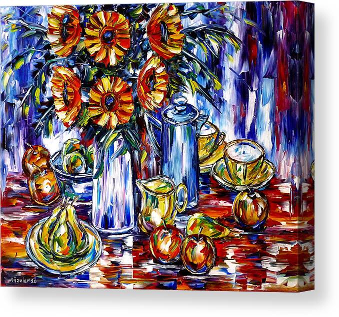 Flower Painting Canvas Print featuring the painting On The Breakfast Table by Mirek Kuzniar