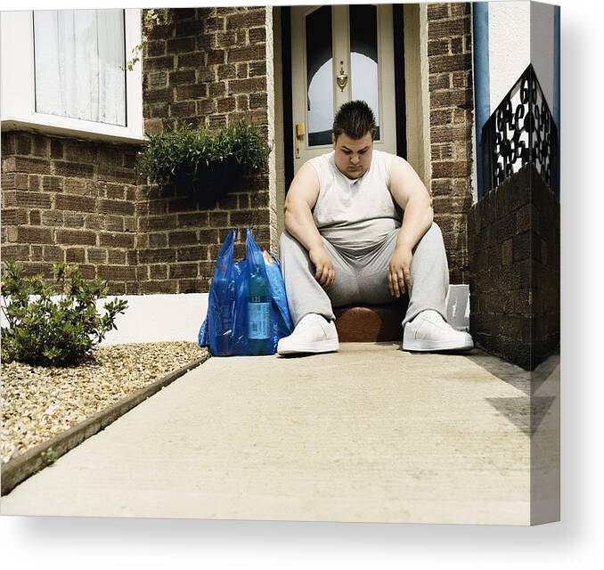 Outdoors Canvas Print featuring the photograph Overweight Man Sits Next to His Shopping on a Doorstep by Digital Vision.