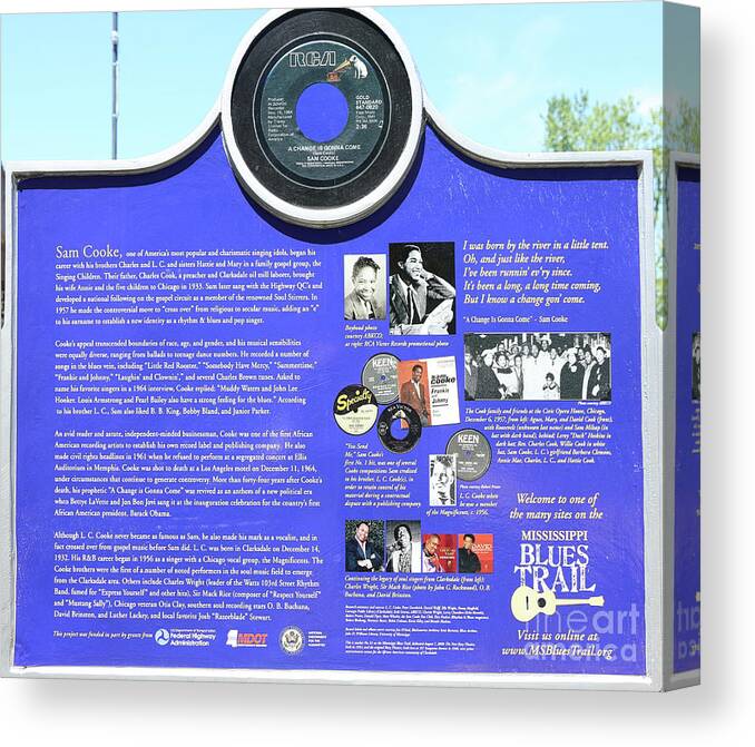 Blues Trail Canvas Print featuring the photograph Sam Cooke Blues Trail Plaque History by Chuck Kuhn
