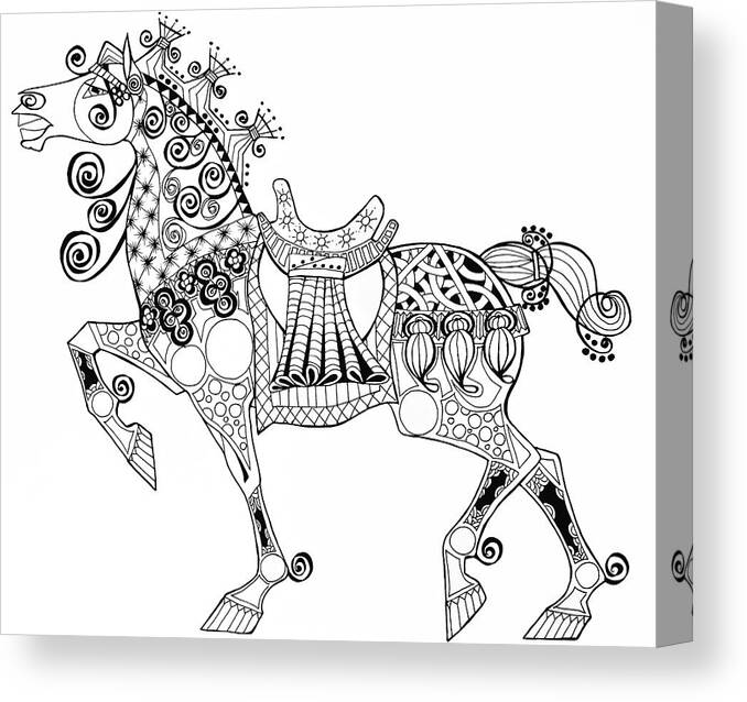 Chinese Canvas Print featuring the drawing The King's Horse - Zentangle by Jani Freimann