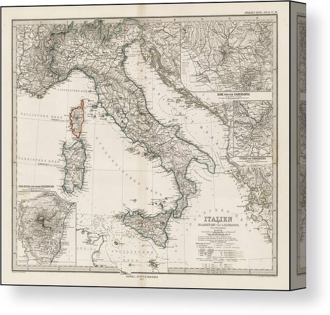 Map Canvas Print featuring the painting Very detailed map of Italy, illustrating the great precision by MotionAge Designs