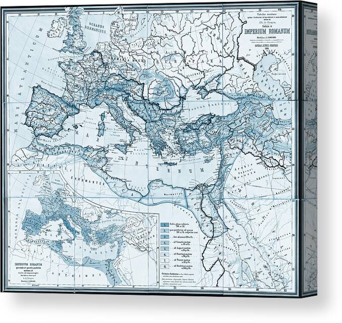 Europe Canvas Print featuring the photograph Vintage Map Roman Empire Europe 1889 Blue by Carol Japp