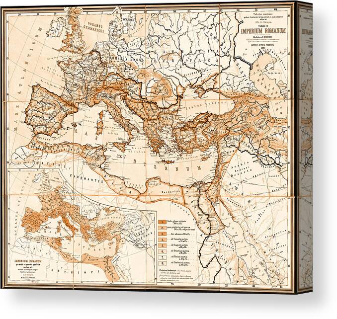 Europe Canvas Print featuring the photograph Vintage Map Roman Empire Europe 1889 Sepia by Carol Japp