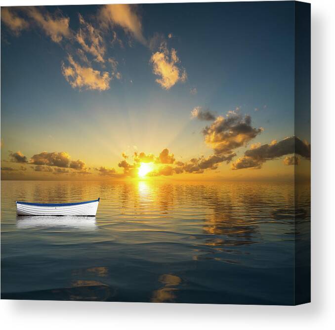 Abandoned Canvas Print featuring the photograph White rowing boat adrift on ocean by Steven Heap
