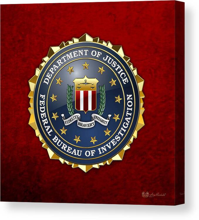 'military Insignia & Heraldry 3d' Collection By Serge Averbukh Canvas Print featuring the digital art Federal Bureau of Investigation - F B I Emblem on Red Velvet by Serge Averbukh