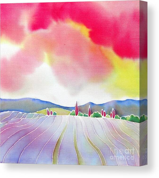 France Canvas Print featuring the painting Sunset on the lavender farm by Hisayo OHTA