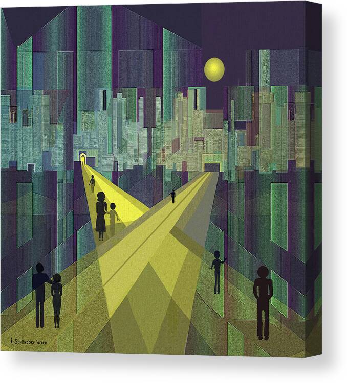 003 Canvas Print featuring the painting 003 - Nightwalking to a distant city by Irmgard Schoendorf Welch