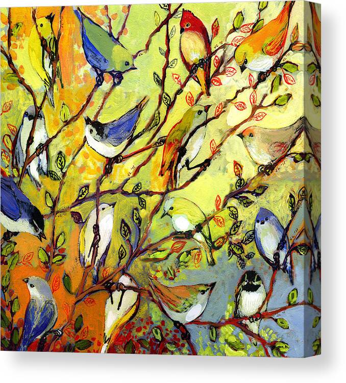 Bird Tree Rainbow Nature Painting Branch Series 16 Sixteen Chickadee Canary Finch Bluebird Jenlo Canvas Print featuring the painting 16 Birds by Jennifer Lommers