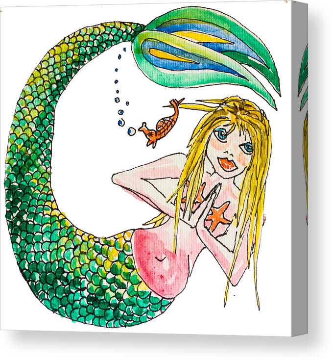 Mermaid Canvas Print featuring the painting Blue Eyes Namaste by Kelly Smith