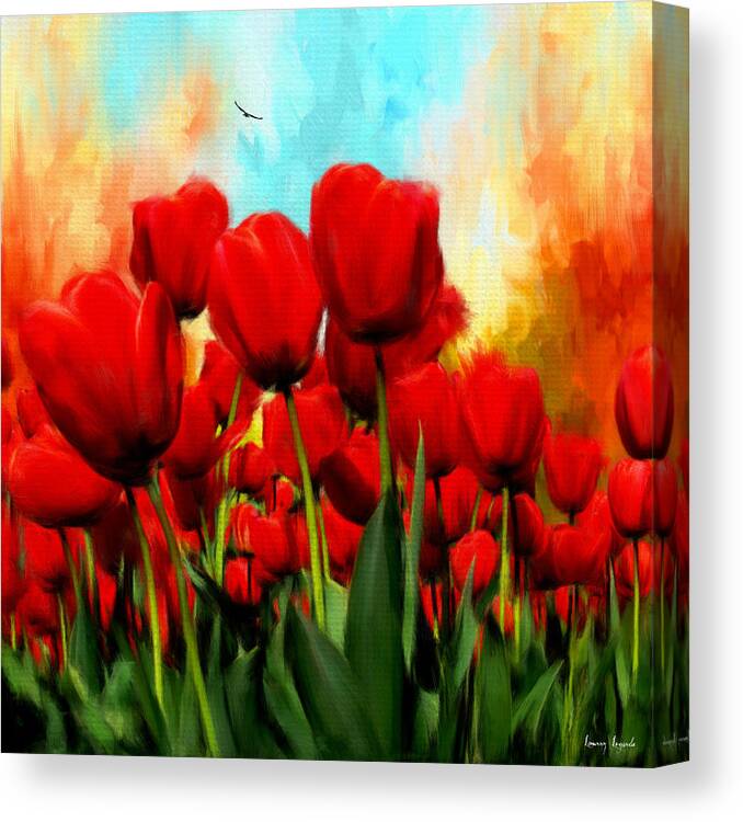 Red Tulips Canvas Print featuring the digital art Devotion To One's Love- Red Tulips Painting by Lourry Legarde
