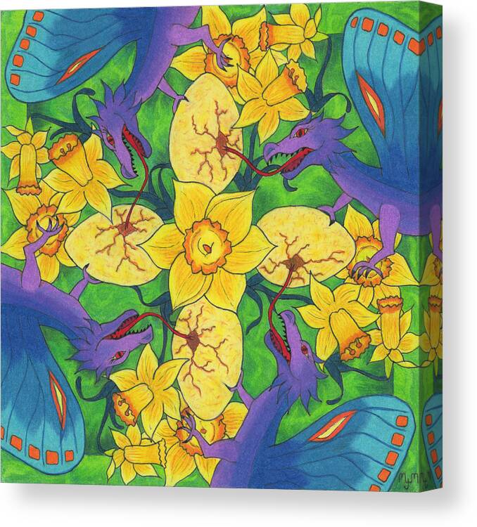 Dragon Canvas Print featuring the drawing Dragondala Spring #1 by Mary J Winters-Meyer