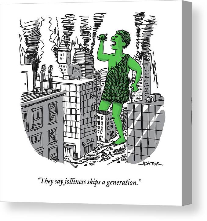 Jolly Green Giant Canvas Print featuring the drawing The Jolly Green Giant Walks Like Godzilla #1 by Joe Dator