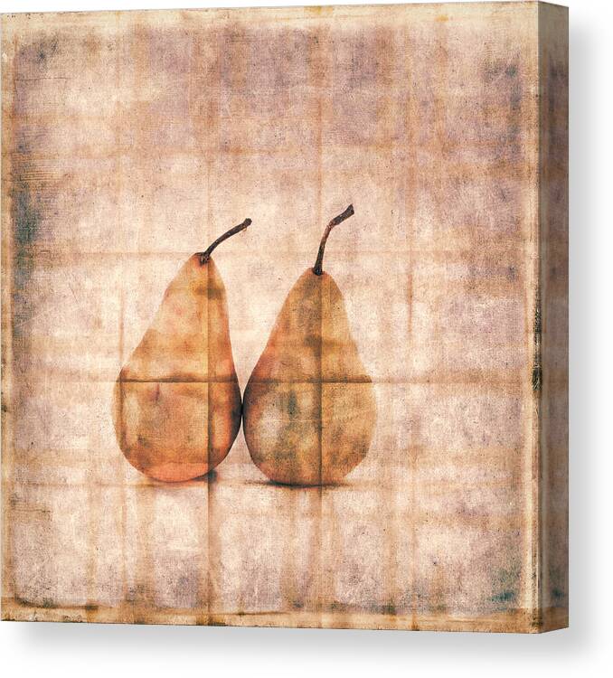 Two Canvas Print featuring the photograph Two Yellow Pears on Folded Linen #1 by Carol Leigh