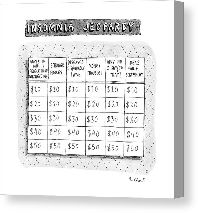 Insomnia Jeopardy Canvas Print featuring the drawing Insomnia Jeopardy by Roz Chast