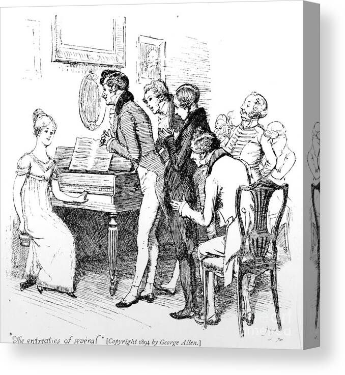 Entreaties Of Several; Illustration; Pride And Prejudice; Jane Austen; Illustrated; Edition; Elizabeth Bennet; Bennett; Asked To Sing; Playing; Piano; Piano-forte; Pianoforte; Character; Georgian; Musical Instrument; Performance; Evening Canvas Print featuring the drawing Scene from Pride and Prejudice by Jane Austen by Hugh Thomson