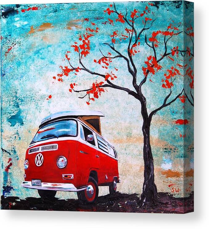 1970 Canvas Print featuring the painting 1970 Red Volkswagen Camper Bus by Sheri Wiseman