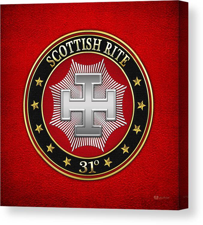 'scottish Rite' Collection By Serge Averbukh Canvas Print featuring the digital art 31st Degree - Inspector Inquisitor Jewel on Red Leather by Serge Averbukh