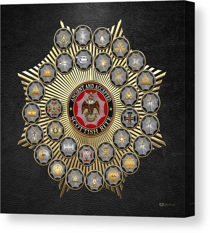 'scottish Rite' Collection By Serge Averbukh Canvas Print featuring the digital art 33 Scottish Rite Degrees on Black Leather by Serge Averbukh