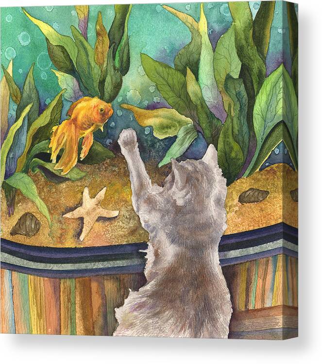 Cat Painting Canvas Print featuring the painting A Cat and a Fish Tank by Anne Gifford