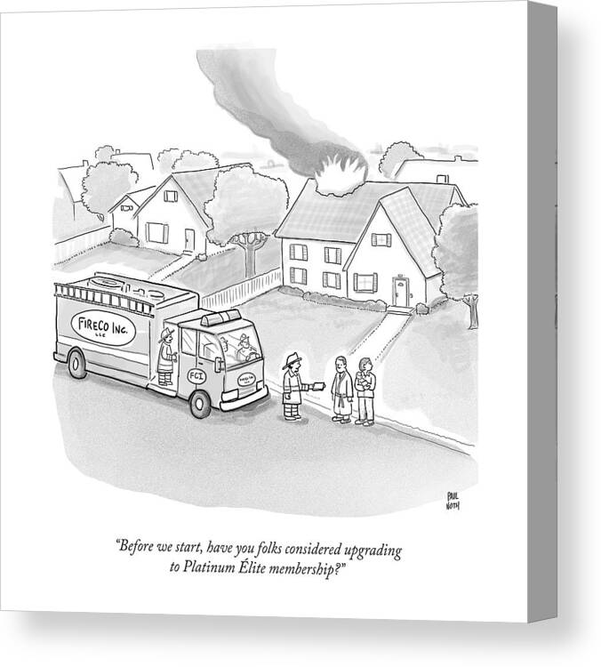 Firemen Canvas Print featuring the drawing A Fireman Talks To A Family While Their House by Paul Noth