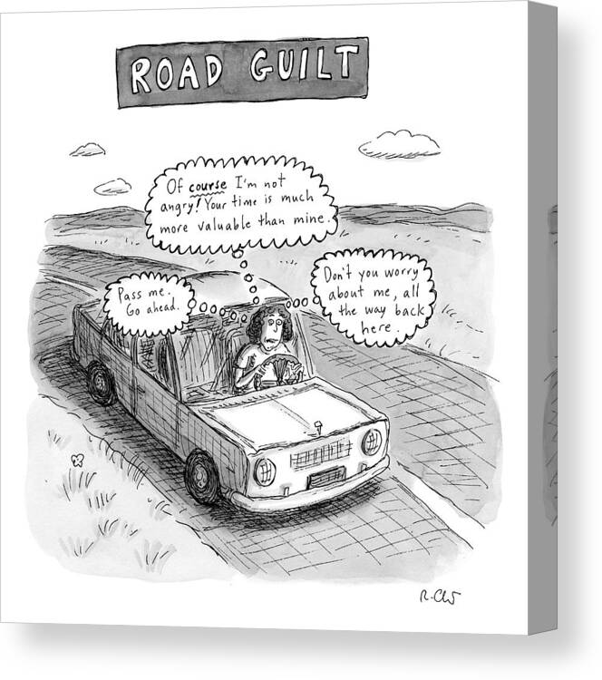 Cars Canvas Print featuring the drawing A Woman Driving Down The Road Acting by Roz Chast