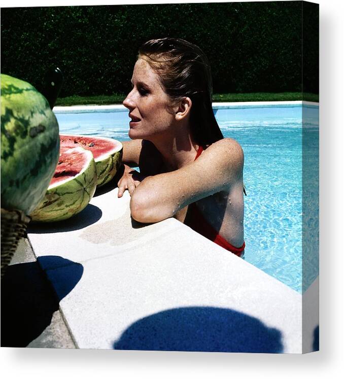 Outdoor Living Canvas Print featuring the photograph Alexandra Cushing In Her Pool by Horst P. Horst