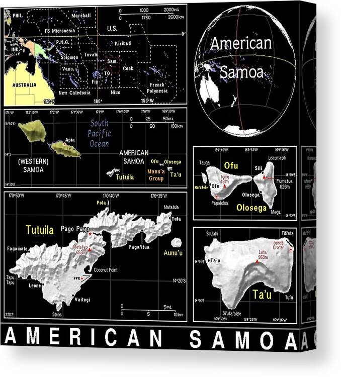 Samoa Canvas Print featuring the mixed media American Samoa Exotic Map by Florene Welebny