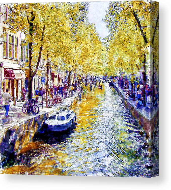 Marian Voicu Canvas Print featuring the painting Amsterdam Canal watercolor by Marian Voicu