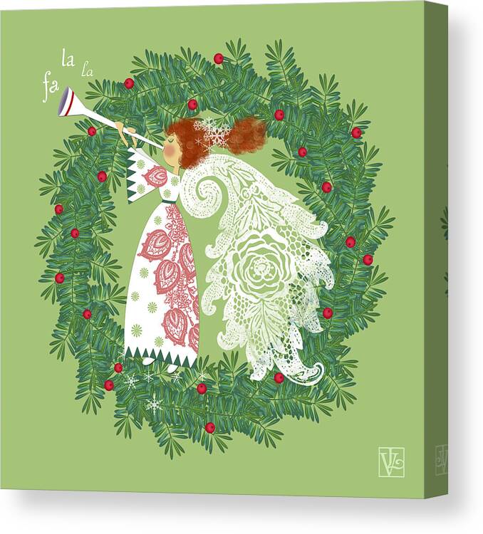 Christmas Canvas Print featuring the digital art Angel with Christmas Wreath by Valerie Drake Lesiak