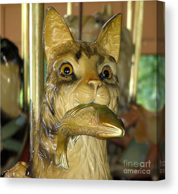 Cat Canvas Print featuring the photograph Antique Dentzel Menagerie Carousel Cat with Fish in Rochester New York by Rose Santuci-Sofranko