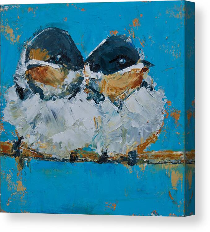 Sparrows Canvas Print featuring the painting Baby Birds - Fledglings by Jani Freimann