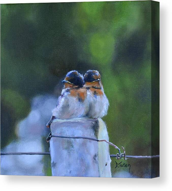 Swallow Canvas Print featuring the painting Baby Swallows on Post by Donna Tuten