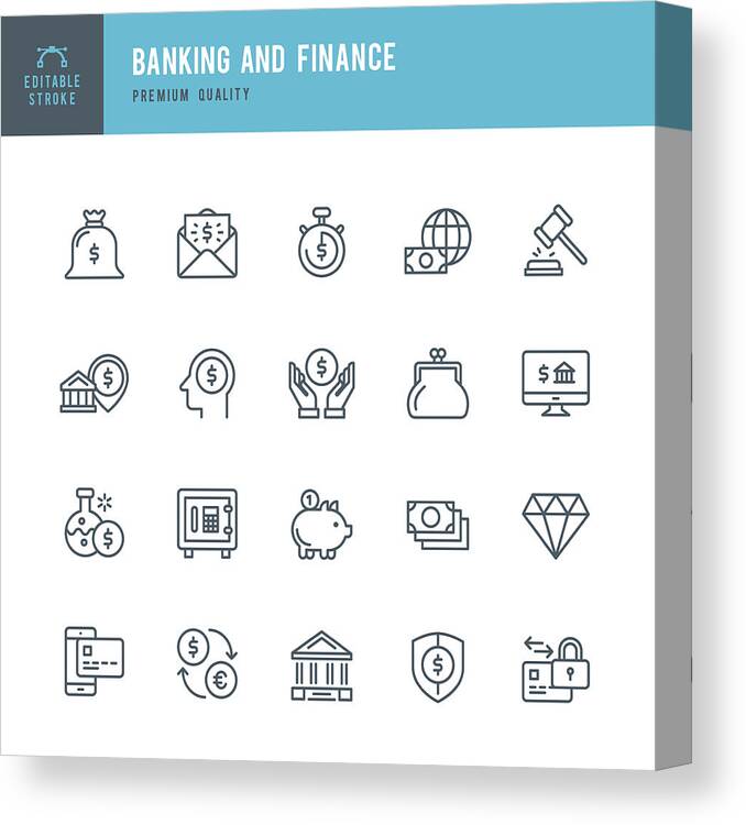Internet Canvas Print featuring the drawing Banking and Finance - Thin Line Icon Set by Fonikum
