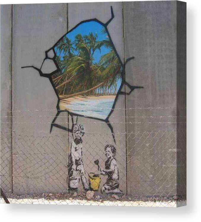 Graffiti#street#art#popart#urban#mural#hip Hop#kulture#banksy#bethlehem#israel#palestine#wall Canvas Print featuring the photograph Banksy Bethlehem by Arik Bennado