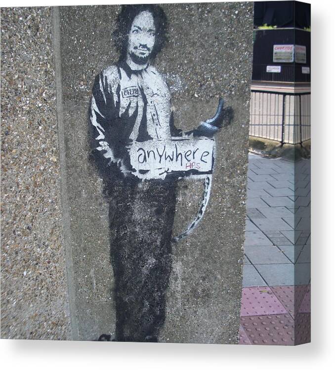 Graffiti#street#art#popart#urban#mural#hip Hop#kulture#banksy#hitchhiker#anywhere Canvas Print featuring the photograph Banksy Hitchhiker to Anywhere Archway 2005 by Arik Bennado