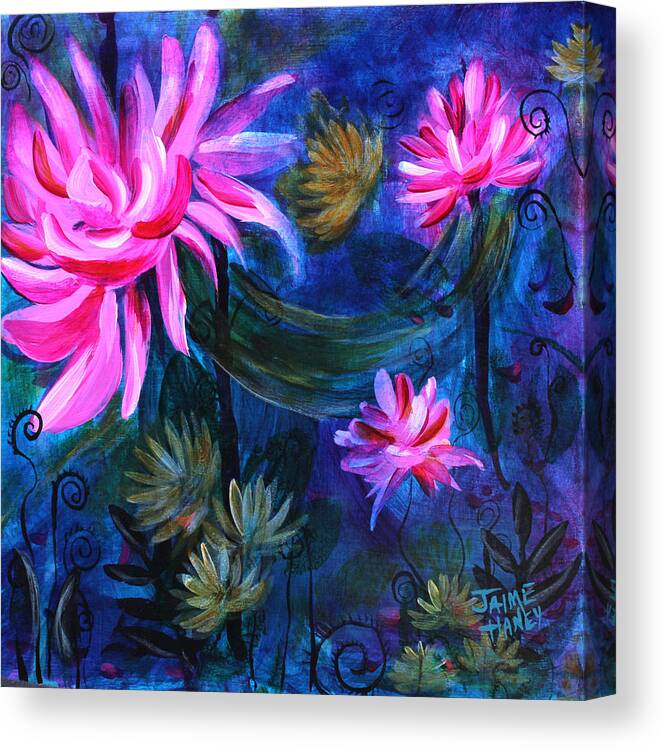 Pink Lotus Flower Canvas Print featuring the painting Beneath Dark Lotus Waters by Jaime Haney