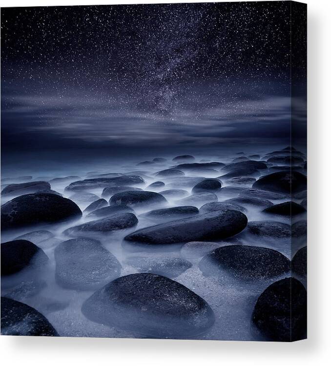 Night Beach Stars Portugal Waterscape Mood Ocean Scenic Landscape Sea Rocks Water Seascape Clouds Blue Longexposure Nature Europe European Milky Way Canvas Print featuring the photograph Beyond our Imagination by Jorge Maia