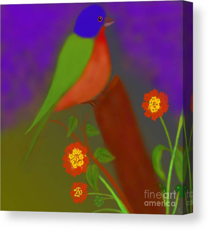 Bird Painting Canvas Print featuring the digital art Bird with Lantana flowers by Latha Gokuldas Panicker