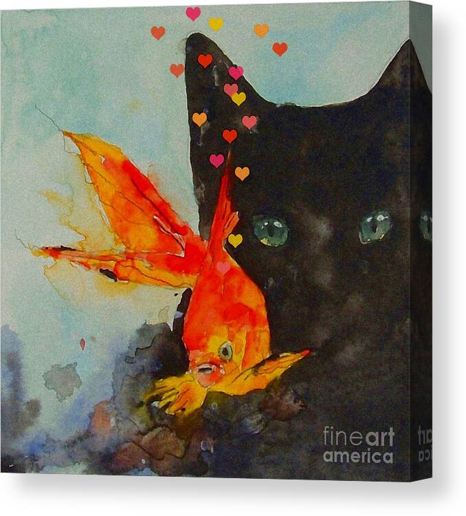 Black Cat Canvas Print featuring the painting Black Cat and the Goldfish by Paul Lovering