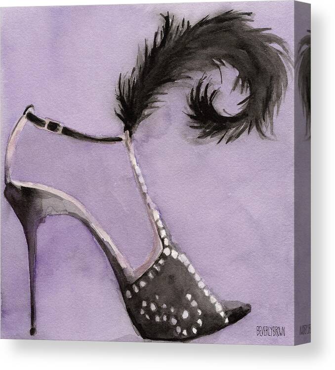 Fashion Canvas Print featuring the painting Black High Heel Shoe with Feather Shoes Paintings by Beverly Brown Prints