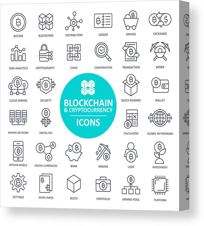 Miner Canvas Print featuring the drawing Blockchain Cryptocurrency Bitcoin Icon Set - Thin Line by Pop_jop