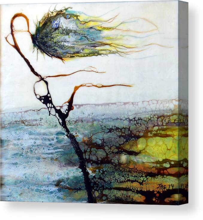 Encaustic Canvas Print featuring the painting Blue Flower by Stream by Jennifer Creech