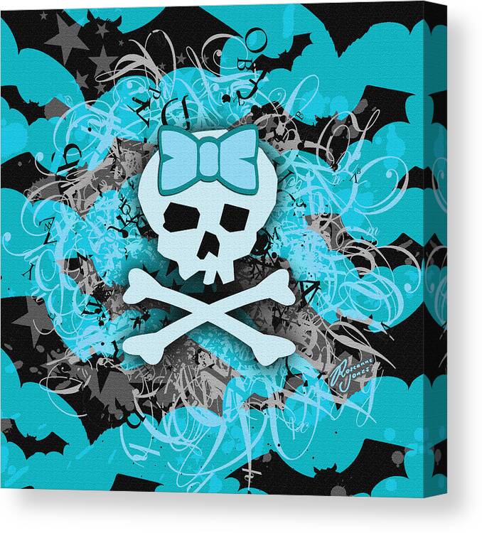 Blue Canvas Print featuring the digital art Blue Girly Bat Skull by Roseanne Jones