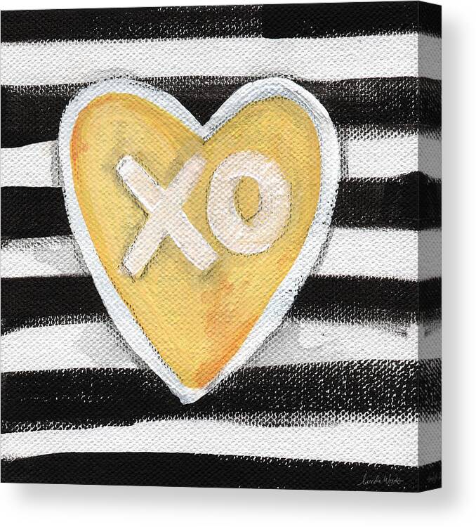 Love Heart Valentine Romance Stripes Black White Yellow Grey Pop Art Contemporary Art Watercolor Ink Painting Xo Family Friend Wife Husband Bedroom Art Kitchen Art Living Room Art Gallery Wall Art Art For Interior Designers Hospitality Art Set Design Wedding Gift Art By Linda Woodspillow Canvas Print featuring the painting Bold Love by Linda Woods