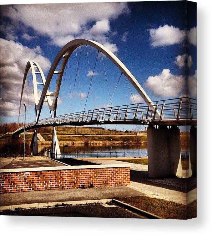 Bridge Canvas Print featuring the photograph #bridge #brick #sky #art #sunrise by Martin Doyle