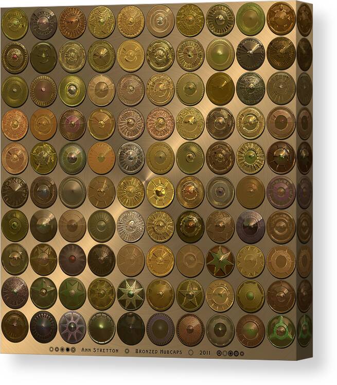 Decorative Canvas Print featuring the digital art Bronzed Hubcaps by Ann Stretton